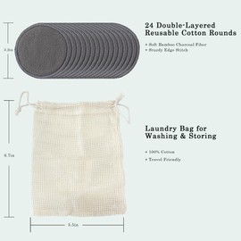 Minasuki 24 Packs Reusable Cotton Rounds - Washable Bamboo Charcoal Makeup Remover Pads, Soft Reusable Face Pads for All Skin Types & Cleansing with Laundry Bag, No Waste