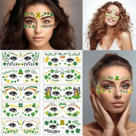 HIFANMM St Patrick's Day Face Tattoo Stickers Adult Kids, Green Shamrock Temporary Tattoo Green Clover Hat Heart Butterfly Fake Tattoos for Women Irish Parade and Party Eye Makeup Face Decor 10 Sheets