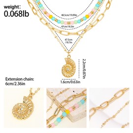 Multilayered Beaded Shell Necklace for Women, Bohemian Colorful Glass Beads Choker 3D Conch Sea Shell Pendant Necklace Textured Seashell Adjustable Gold Chain Boho Summer Beach Ocean Jewelry Gift