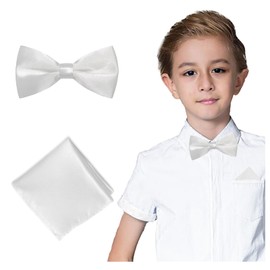 Chanseen Kids Bow Tie and Pocket Square Set White Bow Ties for Boys Pre Tied Bowtie Handkerchief Set for Formal Dress Wedding Party Costume