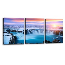 Pacimo 3 Pieces Canvas Wall Art Tropical Waterfall Pastel Sunset Horizon Pictures Prints Nature Landscape Modern Artwork for Walls Painting Home Office Wall Decor Framed Ready to Hang - 12"x16"x3