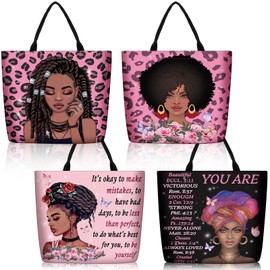 Silkfly 4 Pack African American Tote Bags for Black Women Shoulder Bag Afro Black Girl Large Satchel Handbags Work Travel(Delicate Style)