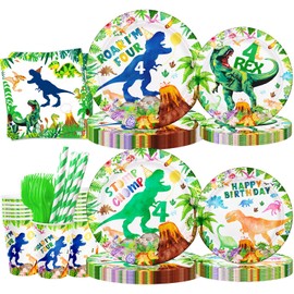 120ps Dinosaur 4th Birthday Decorations Boy Roar I’m Four Jungle T-rex Dinosaur 4 Rex Dino Plates Napkins and Cups Forks Dino Bday Party Supplies Decor for 4 years old Boy Serve 24 (green four rex)