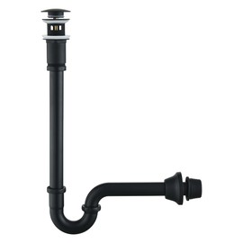 Brass P Trap with Pop Up Drain Stopper With Overflow,U-Shape 1 1/4 Slip Joint Extension Tub Sink Drain Pipe,12 inch Pipe length Adjustable Height Sink Waste Trap Drain Kit,Matte Black