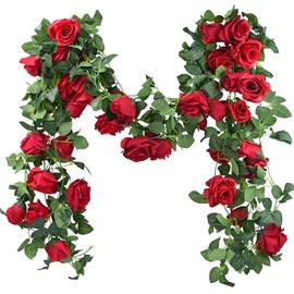 FiveSeasonStuff 8,84 m 4 paquetes de guirnalda de flores de seda de rosa, flores artificiales, decoración colgante de flores para boda, baby shower, cumpleaños, fiesta, jardín (Rojo veneciano)
