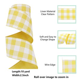 BAORJCT 2.5 Inch Wired Edge Burlap Ribbon, Yellow Gingham Plaid Checked Ribbons, Easter Ribbons Summer Spring Wired Ribbon,for Gift Wrapping, Wreath, Crafts Home Decoration, Easter Decor (10yds)