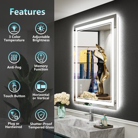 AWANDEE 24x32 LED Bathroom Mirror with Lights, Backlit + Front Lit, Anti-Fog Lighted Vanity Mirror for Bathroom Wall with 3 Colors, Dimmable, Memory, Shatter-Proof Tempered Glass, Horizontal/Vertical