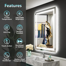 AWANDEE 24x32 LED Bathroom Mirror with Lights, Backlit + Front Lit, Anti-Fog Lighted Vanity Mirror for Bathroom Wall with 3 Colors, Dimmable, Memory, Shatter-Proof Tempered Glass, Horizontal/Vertical