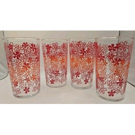 lancaster Indiana Glass Vintage Red & Orange Flower Juice Glasses Tumblers Groovy Glass Mid Century NOS