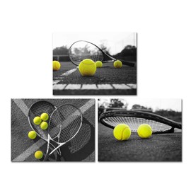 Derkymo 3 Pieces Tennis Pictures Artwork Black and White Canvas Wall Art Sport Theme Prints Framed for Tennis Club GYM Wall Decor Easy to Hang 12"x16"x3pcs