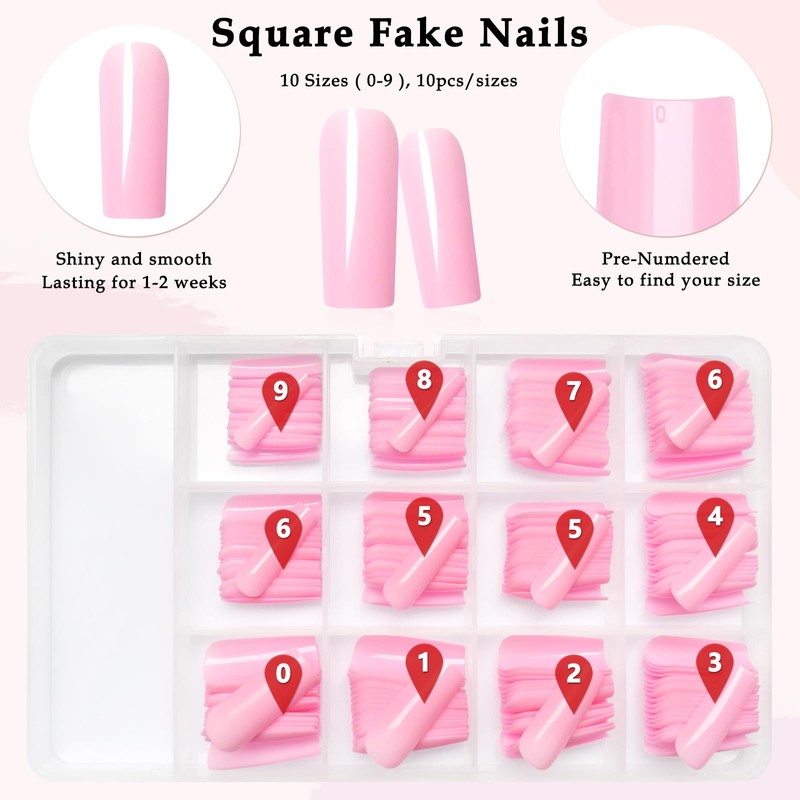 AddFavor 240pcs Square Press on Nails Long Pink Fake Nails