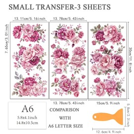 OLYCRAFT 3pcs/Set Pink Purple Flower Rub on Transfers for Furniture and Crafts 15x30cm Peony Decals Transfer Stickers Rub on Decal with 1pc Scraper for Furniture Home Decoration