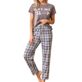 difficort Womens Pajama Sets Short Sleeve Pjs Tops with Long Pants Sleepwear Jammies with Pockets, khaki, Medium