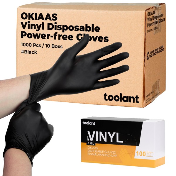 OKIAAS Black Disposable Gloves Medium, Vinyl Gloves Disposable Latex Free, 5 mil, 100 Count, for Food Prep, Household Cleaning, Hair Dye, Tattoo