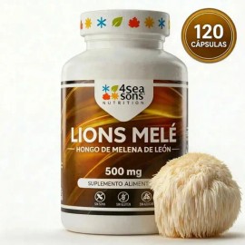 4 Seasons Nutrition | LIONS-MELÉ | Hongo Melena De León | 500 mg | Suplemento Alimenticio | Fórmula Avanzada | Sin Conservadores | Vegano, Sin Gluten, Sin Azúcar, Sin Soya | 120 Cápsulas