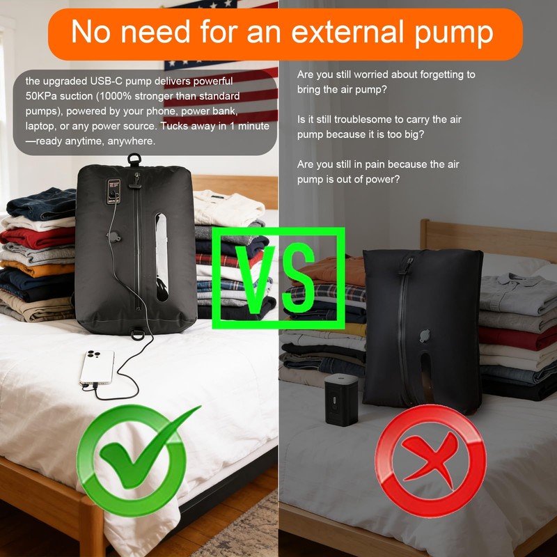 Vacuum Bags for Travel - 2026 Upgraded with Built-in 50KPa