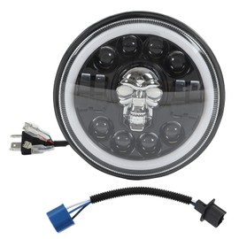 Motorcycle LED Headlight, 7in Round Motorcycle LED Angel Eye Headlight Skull Head Pattern White Lighting Waterproof Universal Modification