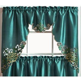 GOHD Passionate Bloom Kitchen Curtain Swag Valance and Tier Set Nice Embroidery on Faux Silk Fabric with cutworks (Teal)