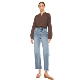 Kan Can Women's High Rise Slim Wide Leg Jeans (US, Numeric, 7, Regular, Regular, Blue)