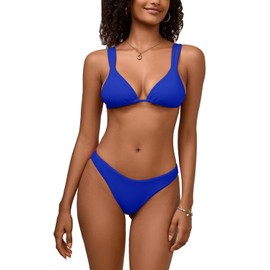 Womens Two Piece Bikini Sets Cheeky Triangle Swimsuits Wide Adjustable Straps Curvy Mid Waist Hipster Bathing Suits, Royal Blue, Medium
