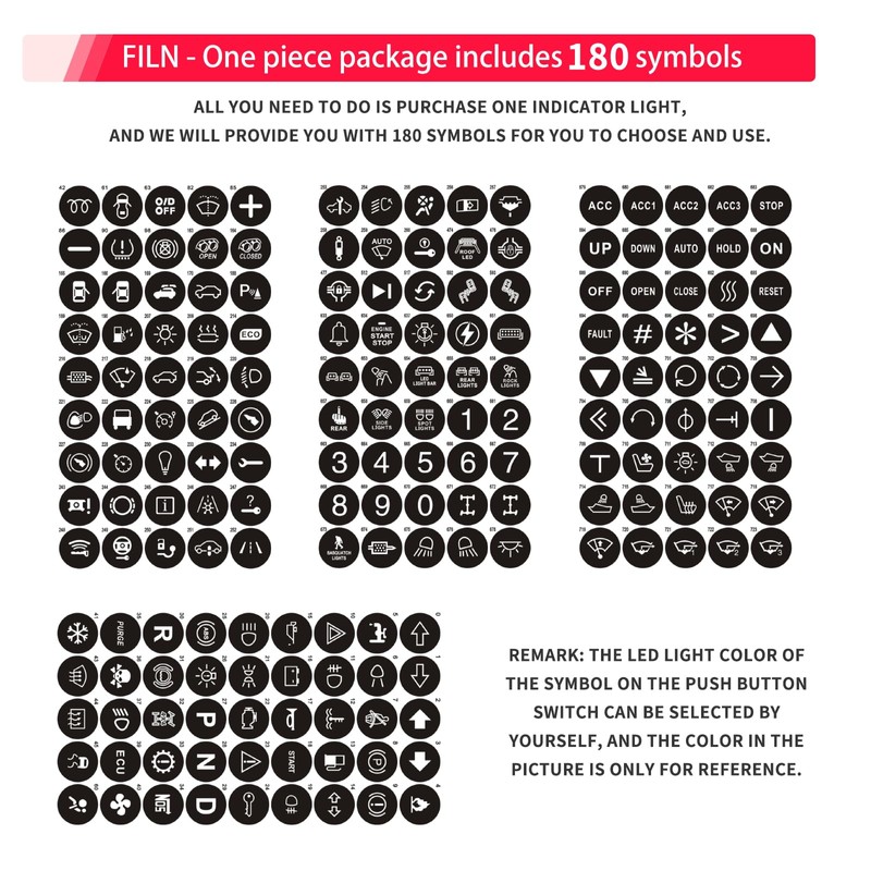 FILN 2PCS LED Metal Indicator Lights, Includes 185 Replacement Symbols