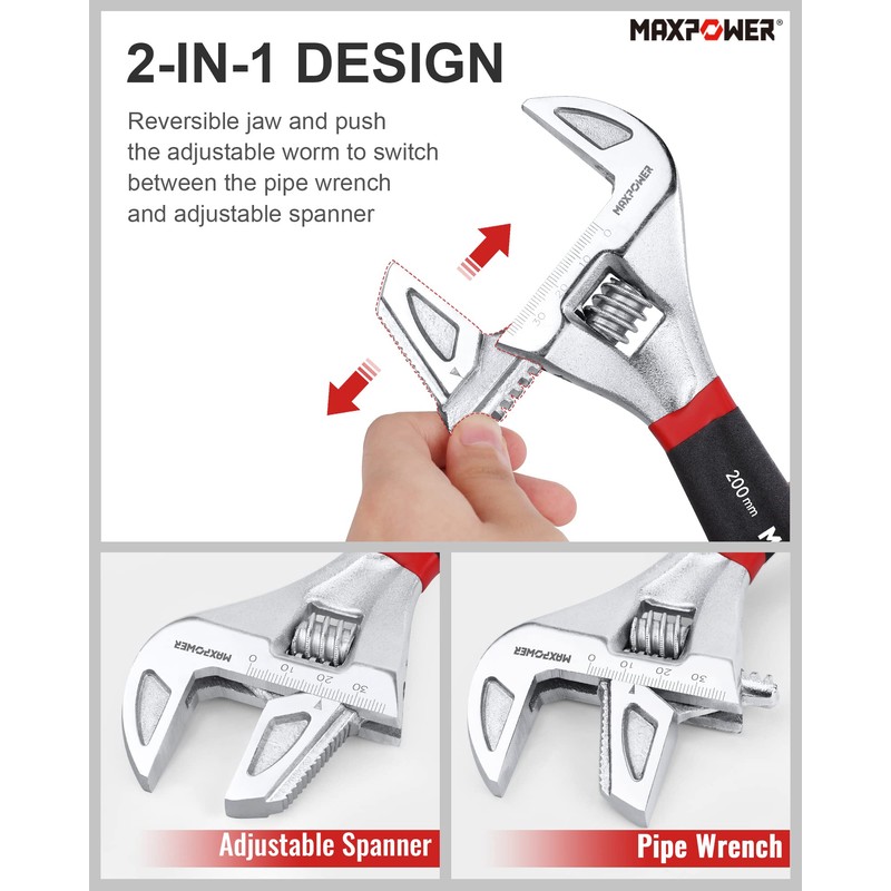 MAXPOWER Adjustable Spanner 200mm, 2-in-1 Adjustable Wrench & Pipe Wrench