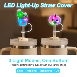 Straw Cover Cap for 30&40 oz Cup, Silicone Straw Caps with Handle Roller, 2 Light Emitting 10 mm/8mm 0.4 inch Waterproof and Dustproof Reusable (Cactus)