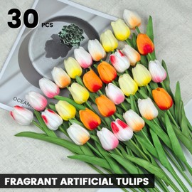 Subacy 30 PCS Artificial Tulips 13.5inch Long Fake Flowers Real Touch Tulips Silk Flowers for Spring Easter Mother's Day Decorations (Multicolor-2)