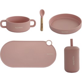 Kool Baby Set de alimentación de silicón para bebé - 1 mantel, 1 vaso con popote, 1 cuchara de madera/silicón, 1 tazón con asas y 1 plato Mod. C9