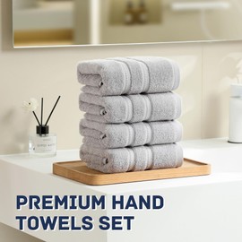 Simple&Opulence 4 Pcs Premium Hand Towels 16"x28", 650 GSM 100% Ring Spun Cotton, Highly Absorbent, Ultra-Plush & Durable Towels Set for Bathroom, Gym, Spa, Shower, Hotel (Light Grey)
