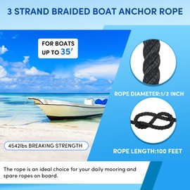 VEITHI Boat Anchor Rope 100 ft x 1/2 inch Black, 3 Strand Anchor Line Anchor Rope with Stainless Steel Thimble & Shackle Ideal for Towing,Docking,Boats,Mooring,Anchoring,for Boats Up to 35'