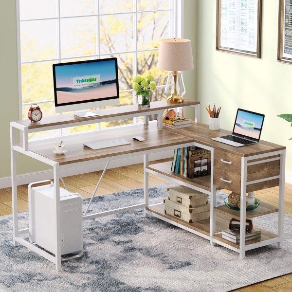 Tribesigns L Shaped Desk with Drawers and Storage Shelves,Corner Home