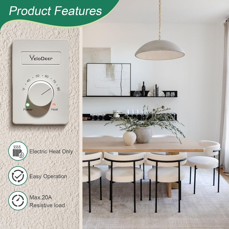 YeloDeer Dual Voltage (110V-265V) 4-Wire Manual Electric Baseboard Heater Thermostat