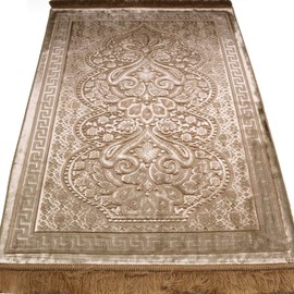 Modefa Luxury Velvet Prayer Rug with Prayer Beads | Soft Elegant Muslim Turkish Janamaz Sajada Carpet for Men and Women | Plain Solid Prayer Mat Ramadan Eid Gift - Paisley (Golden Beige)