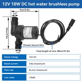 12V DC Brushless Pump, 10W Solar Water Pump Hot Water Recirculating Pump with Dc Power Supply Adapter Low Noise for Fountain Pool Water Circulation System