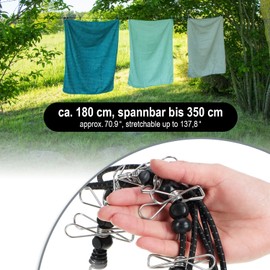 com-four® 2X travel clothesline - 180-350 cm per line - camping clothesline with reflective elastic band - clothesline with 12 metal clips each - mobile clothesline with hook (stainless steel/black)