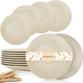 Wrova Wheat Straw Dinner Plates 10 Inch Unbreakable Set of 8 - Dishwasher & Microwave Safe Plastic Plates Reusable - Lightweight Plates for kitchen,camping,salad,appetizer - Beige