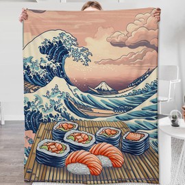 Sushi Blanket for Boys Men Women, Flannel Sushi Blankets Gifts, Traditional Japanese Sushi Sea Wave Throw Blanket for Sofa Couch Bed Living Room Soft Warm Cozy Sushi Decor 60" x 50"