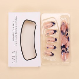 French Tip Press on Nails Medium Almond Fake Nails Blue Star False Nails Press on Glossy Acrylic Nails with Designs Rhinestone Artificial Nails Star Full Cover Glue on Nails for Women Girls Manicure