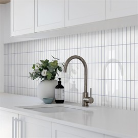 Commomy White Peel and Stick Tile - 10 Pcs of 12'' x 12'' Vertical 3D Peel and Stick Backsplash for Kitchen and Bathroom Interior Wall Tile(Glossy Surface, White with Gray Grout, Covers 10 sq.ft)