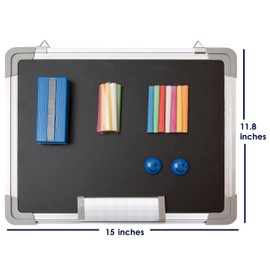 Chalkboard Set - Small Black Board 15 x 12" + 1 Magnetic Chalk Eraser, 14 Chalk Sticks (7 Colors) and 2 Magnets - Mini Hanging Wall Message Sign Blackboard for Home Office Kids (15x12" Landscape)
