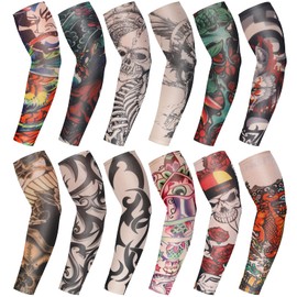 Geyoga 12 Pcs Plus Size Tattoo Sleeves Fake Arm Sleeves Cover Realistic Soft Elasticity UV Protection for Men Women Working(Funny Pattern)