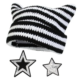 ZOCONE Hat with Ears, Cat Beanie, Women's Hat, Cat Ears, Knitted Hat with 2 Star Embroidery Stickers, Winter Warm, Stretchy Winter Hat for Women (Black and White), Black and White