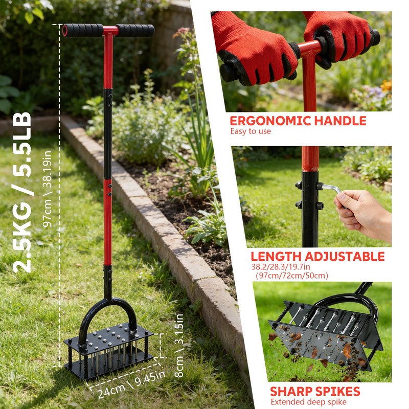 Lawn Aerator Tool, 16 Iron Spikes Manual Grass Aerator Lawn