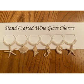 hand crafted "BEAUTIFUL  SEA SHELLS'' SET OF 6  HAND CRAFTED wine glass drink markers