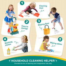 Coolplay Kids Cleaning Toy Set with Trolley Storage Rack, Toddler Pretend Play Housekeeping Toys, Mop Broom Dustpan for Kid Boys and Girls
