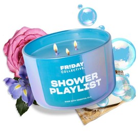 Friday Collective Shower Playlist Candle, Fresh & Clean Scented, Made with Essential Oils, 3 Wicks, 13.5 oz, Blue