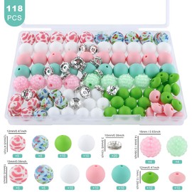 Sunrony 118Pcs Mixed Pink White Green Acrylic Rhinestone Spacer Print Silicone Beads for Keychain Making and Necklace Bracelet, Bulk 12mm 15mm Silicone Beads for Pens Crafts