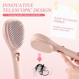 2 Self-Cleaning Hair Brushes, One-Click Cleaning Comb, with 1 Small Comb, Retractable Teeth, Massage the Scalp, Without Pulling the Hair (Lotus Root Colour, Pink)