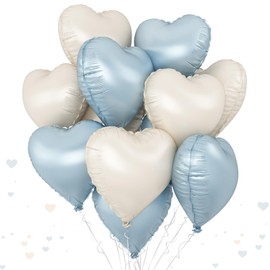 Blue White Heart Balloons, 18 Inch Baby Blue Cream Foil Heart Balloons, 10PCS Light Blue Nude Heart Shape Balloons Blue Helium Mylar Balloons for Boys Men Birthday Baby Shower Valentines Graduation
